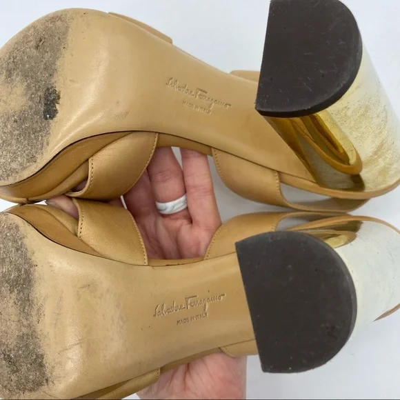 Salvatore Ferragamo Gold Block Heel Leather Sandals - Picture 11 of 11